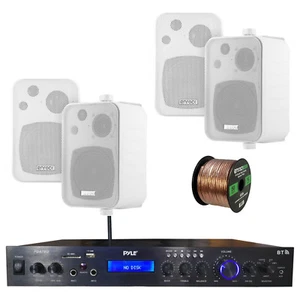 Home Amplified Bluetooth MP3 Receiver, 4x 4" Box White Speakers, 16-G 50 Ft Wire - Picture 1 of 10