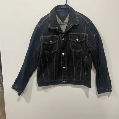 Tommy Jeans Black Denim Jacket Mens L Trucker Style White Stitch Retro - Image 1 of 4