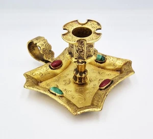 FINE GILT COPPER & CABOCHON STONE CHAMBERSTICK 19th Century - Picture 1 of 7