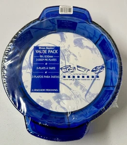 *NUOVO* VINTAGE Set 3 Anchor Hocking 9” Pollici Piatto Torta Profondo Blu Cobalto 69645 - Foto 1 di 3