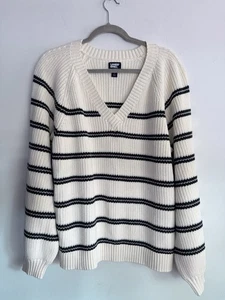 Lands End Drifter Heavyweight Cotton Pullover Striped V Neck Sweater XL Ivory - Picture 1 of 11