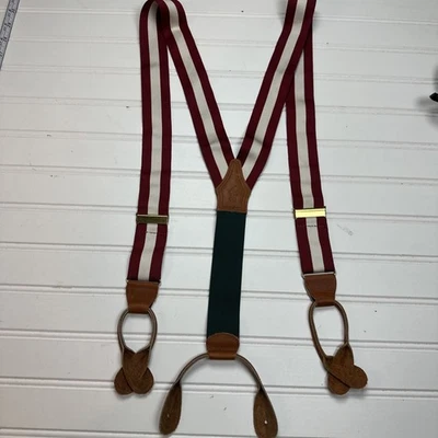 Ralph Lauren Polo Tirantes Tirantes Verde Rojo Blanco Rayas Cuero Tostado Latón Foto 1 de 4