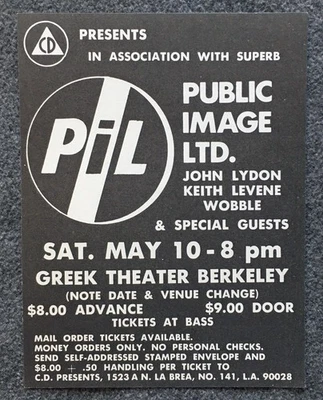 1980 Flyer Imagen Pública PiL Teatro Griego Berkeley Punk Rock Johnny Rotten Foto 1 de 2