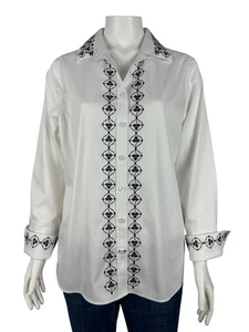 Chico's No Iron Embroidered White Button Up Shirt 1 Medium 8 Long Sleeve - Picture 1 of 9