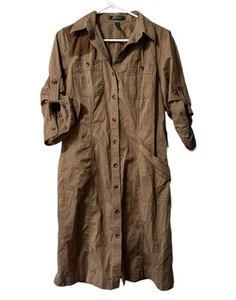 Ralph Lauren Shirt Dress Size Petite Large Khaki Safari Pocket Roll Tab Sleeve - Picture 1 of 15