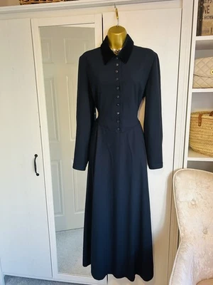 Laura Ashley Blue Velvet Collar Edwardian Victorian Riding Dress UK 14 Vintage - Image 1 of 4