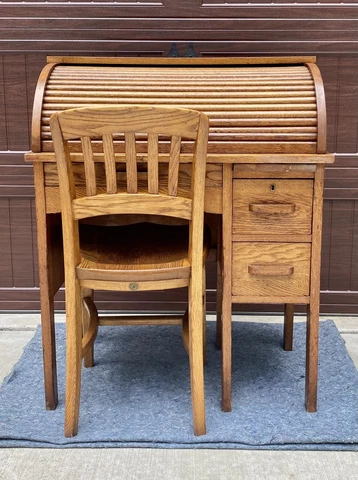 Antique H.KRUG KITCHENER 184 Oak Chair With Oak Roll Top Desk Cover