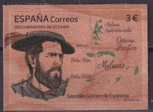 Spain 2023 Discoverers of Oceania Unique Unusual Special Wood Map Stamp MNH - Picture 1 of 2