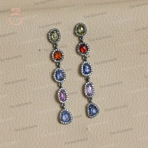 Natural Multi Sapphire 925 Silver Drop Dangle Earrings Pave Diamond Jewelry New - Picture 1 of 9