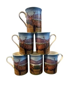 Set of 6 Fine China Mugs Highland Stag Design 300ml Capacity - Picture 1 of 7
