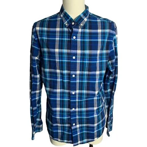 Old Navy Button Down Slim Fit Shirt L Blue Plaid Long Sleeves Pocket Cotton - Picture 1 of 6