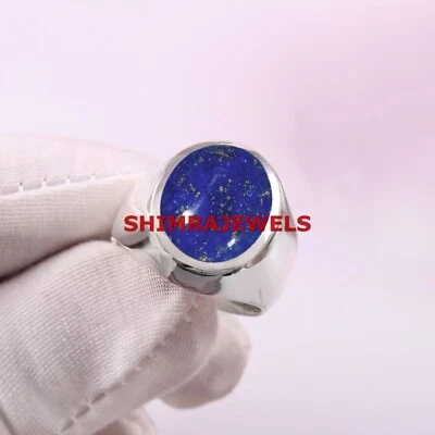 Naturale Lapislazzuli Gemma Con 18k Placcato Oro Bianco Argento Uomo Ring #1070 - Immagine 1 di 4