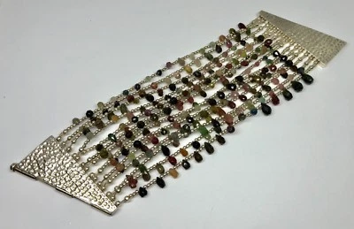 Sterling Silver Wide Garnet, Tourmaline, Peridot, Gemstone Bracelet - Image 1 of 4