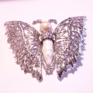 Vintage Silver Tone Rhinestone Faux Pearl Accented Butterfly Statement Brooch - Picture 1 of 6