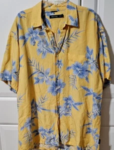 Nautica Hawaiian Shirt Mens Medium Yellow Linen Blend Hibiscus Print Short... - Imagen 1 de 9