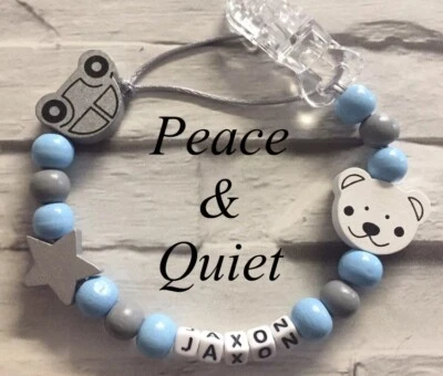 PEACE & QUIET Personalisierter Schnullerclip💙Holz🚙Junge💙Schnullerkette🚙grau💙weiß💙blau🚙Auto #PWP