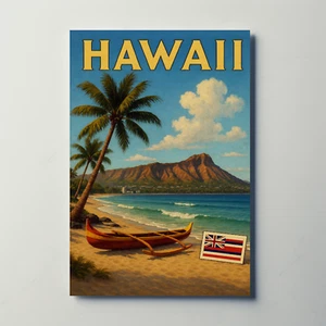 Hawaii Diamond Head Canoe Beach Flag Poster - Picture 1 of 20
