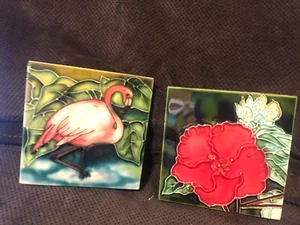 TWO COASTERS WITH BIRD FLAMINGO AND HIBISCUS FLOWER OR ART DECOR CERAMIC TILES - Picture 1 of 3