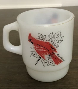 Vtg Fire-King Red Cardinal Milk Glass Coffee Mug Cup Anchor Hocking D Handle USA - Picture 1 of 4