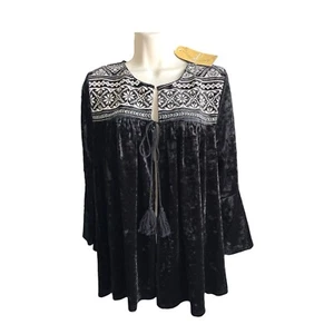 NWT Andree By Unit Women’s Black Velvet Open Tassel Tie Embroidered Large - Picture 1 of 15