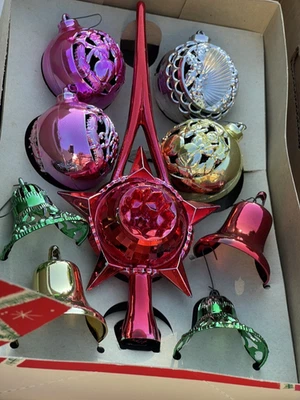 Boxed Set Vintage Mid Century Bradford  Star Tree Topper +8 Christmas Ornaments - Imagem 1 de 4