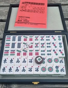 Cased Mahjong Game Set Tiles Mah Jong Green White 144 + 4 Blanks ~ Used - Picture 1 of 20