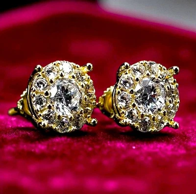 Aretes redondos con racimo helado - Chapados en oro de 14K circonita cúbica unisex joyería hip hop Foto 1 de 4