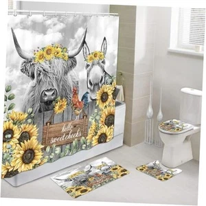 Funny Highland Cow Donkey Shower Curtain Set Rugs, Farmhouse Western 4piece - Picture 1 of 2