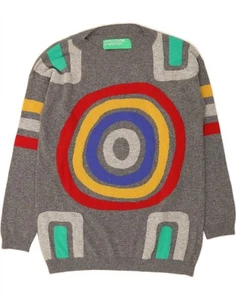 BENETTON Womens Boat Neck Jumper Sweater UK 14 Medium Grey Geometric DJ85 - Picture 1 of 3