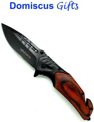 8 1/2 英寸全新! WarTech Pakkawood 黑色弹簧辅助口袋刀狩猎刀 — 第 1/4 张图片