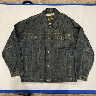 VTG Timberland Weathergear Men’s XXL Blue Denim Leather Trucker Jean Jacket Y2K - Image 1 of 4