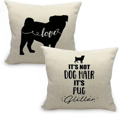 NEW It's Not Dog Hair It's Pug Glitter Dog Love Pillow Covers set of 2 beige 18" - Image 1 of 3