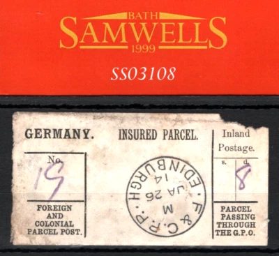 GB/GERMANY Foreign *INSURED PARCEL* POST LABEL 1914 Edinburgh CDS Rare SS3108 - Image 1 of 4