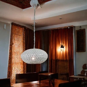 B260W Handcrafted White Perforated Steel Pendant Light – Moroccan Style Shadow - Picture 1 of 4