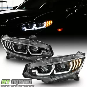 For 2016-2021 Honda Civic Black LED Tube Sequential Signal Projector Headlights - Picture 1 of 15