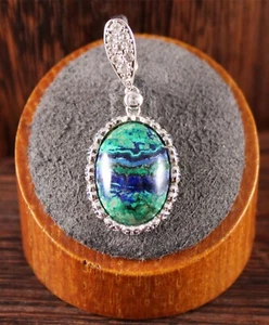 Oval Azurmalachite Enhancer Pendant Rhodium Over Sterling Silver Signed DK - Picture 1 of 7