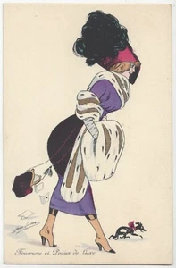 1915 Künstler signiert Xavier Sager - elegante Frau, Pelze & großer Hut, alte Postkarte - Bild 1 von 2