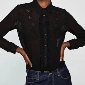 Zara Black Sheer Long Sleeve Button Down Top Embroidered Plumetis Dot Large - Picture 1 of 7