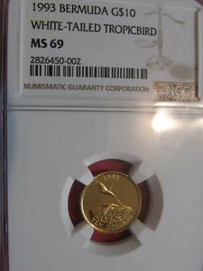 1993  BERMUDA $10 GOLD "TOP POP REGISTRY COIN" WHITE TAILED TROPICBIRD NGC MS69 - Picture 1 of 7