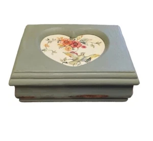 Upcycled Jewelry Trinket Box Shabby Chic Painted Floral Green Distressed - Picture 1 of 10