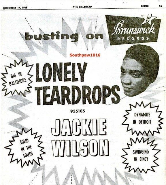 1958 Jackie Wilson "Lonely Teardrops" Release Music Industry Promo Reprint Ad - Image 1 of 1