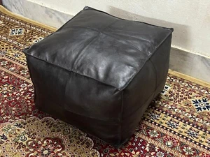 Leather Unstuffed Moroccan Genuine Pouffe Footstool Ottoman Black Boho Handmade - Picture 1 of 5
