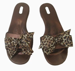 Oka Bashi Madison Bronze Leopard Print Bow Slide Sandal M-Large 8-9 EUC - Picture 1 of 7