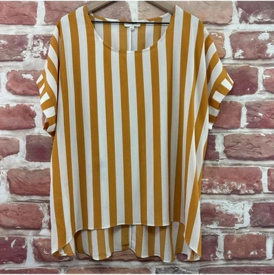Umgee Shirt Womens Large Yellow White Striped Short Sleeve High Low Tunic Top - Image 1 of 4