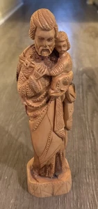 OLIVE WOOD Carving Joseph W/ BABY JESUS Figure Handmade Christian Sculpture 11” - Picture 1 of 7