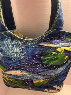 Bolso de Mano Guy Harvey Azul Verde Lentejuelas Delfín Algodón Crucero Playa Vacaciones Foto 1 de 4