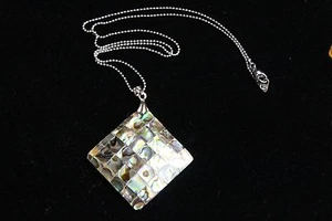 MOP Shell Abalone Inlay Diamond Square Pendant 18KT Gold Plated Necklace 18" - Picture 1 of 4