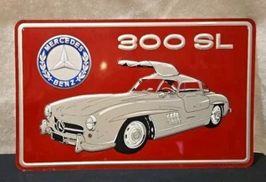 Mercedes Benz 300 SL Gullwing Metal Tin  Sign w/Logo Silver & Blue on Red 12.5" - Picture 1 of 7