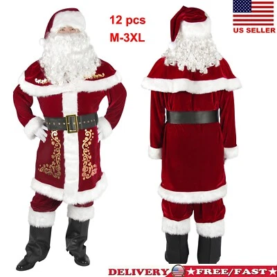 Men's Santa Costume Set Christmas 12pcs Deluxe Velvet Adult Santa Claus Suit - Image 1 of 4