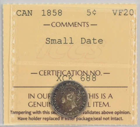 Canada 1858 5 Cents Small Date ICCS VF20 Cover